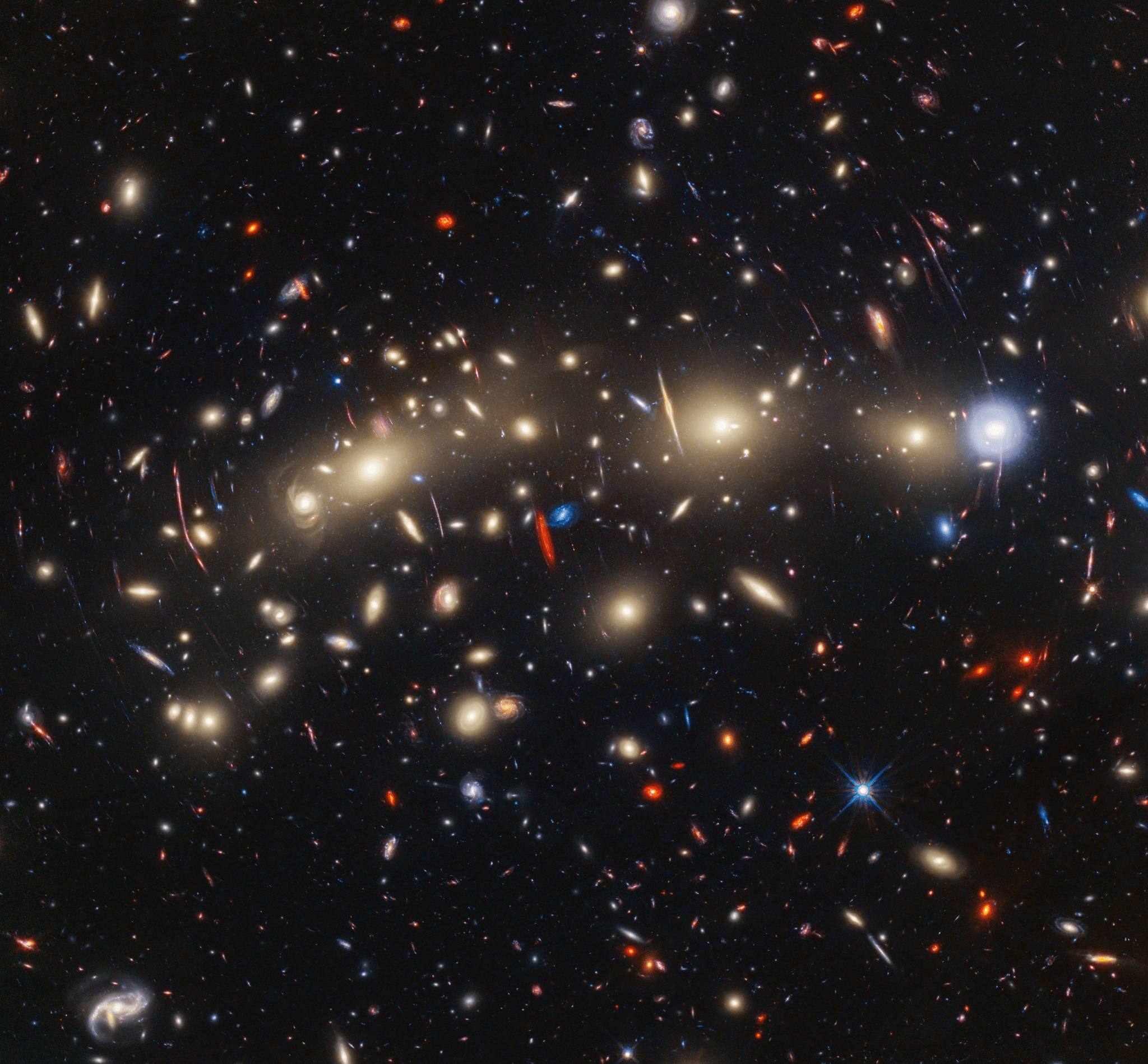 Kupa galaxií MACS0416 na kombinovaném snímku z výsledku spojení infračerveného snímku Webbova teleskopu a viditelného snímku z Hubblova dalekohledu. Umělé barvy umožňují zobrazit celé spektrum od infračervené až po viditelnou oblast. Dlouhé vlnové dé