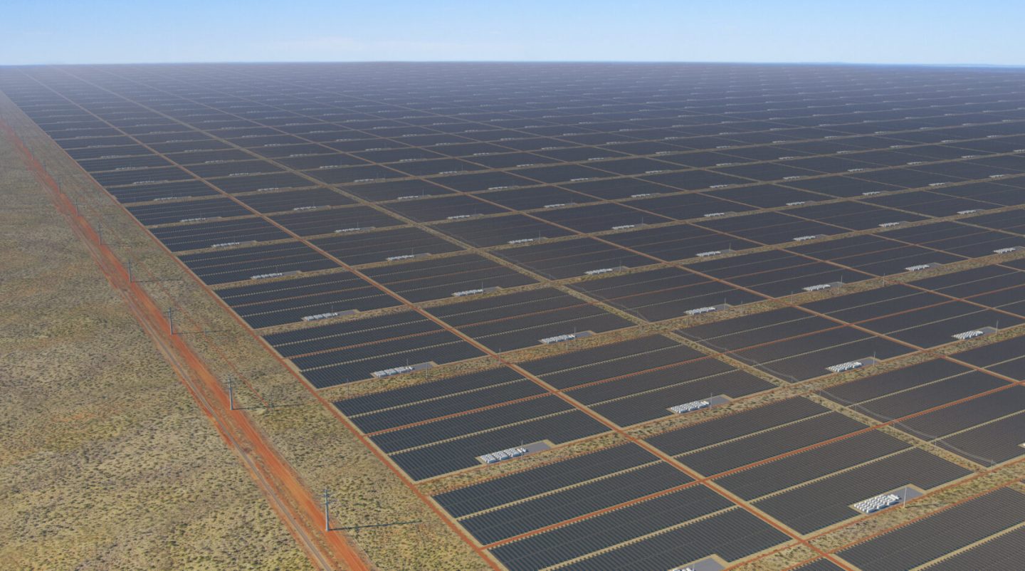 Mamutí solární farma v australské pustině. Kredit: Sun Cable.