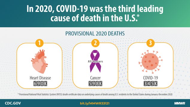 V USA byl COVID-19 v roce 2020 třetí hlavní příčinou úmrtí hned po srdečních onemocněních a rakovině. (Viz Ahmad et al. 2020). Kredit: CDC.