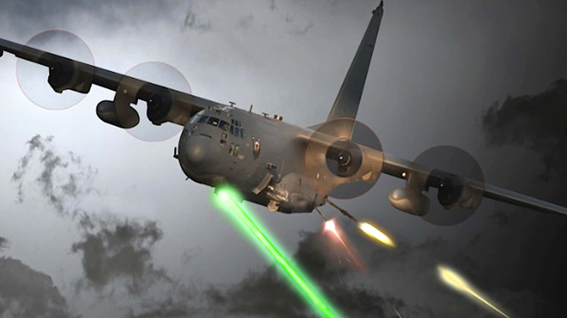 Umělecká vize starší verze letounu AC-130U s laserem. Kredit USAF.