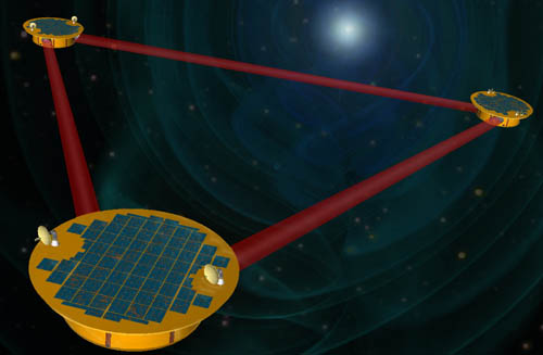 PĹŻvodnĂ­ varianta gravitaÄŤnĂ­ho teleskopu LISA (zdroj NASA).