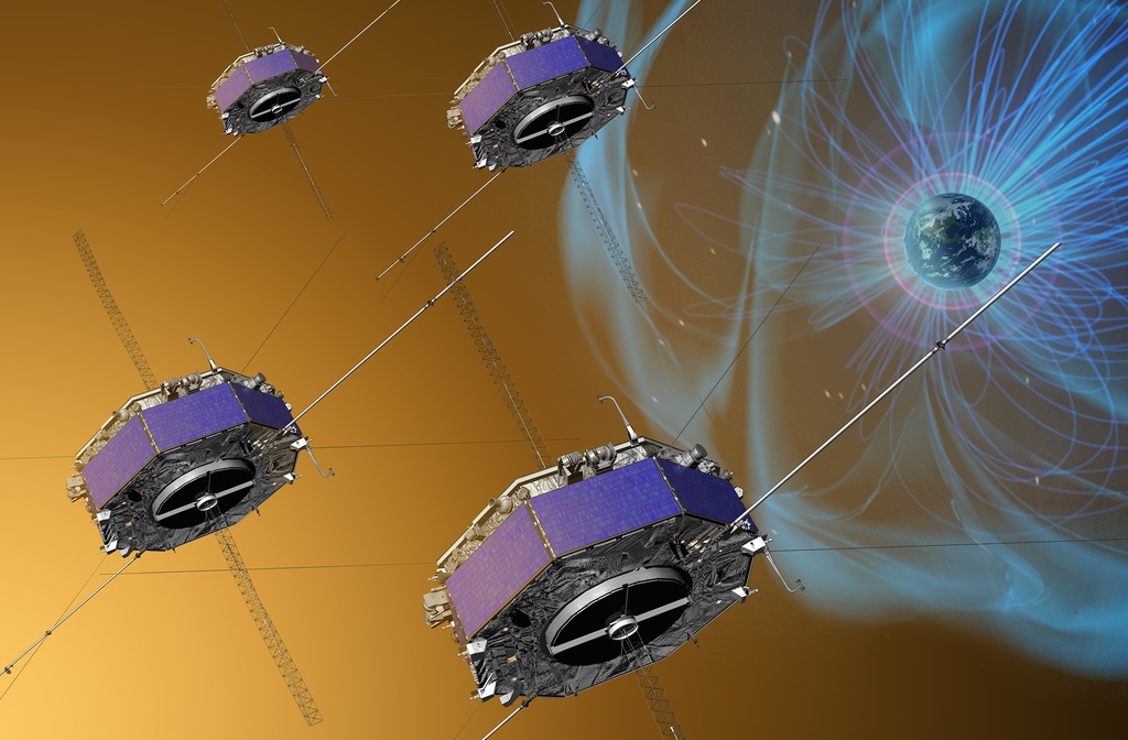 Sondy mise MMS při pozorování magnetického pole Země. Kredit: NASA/GSFC.