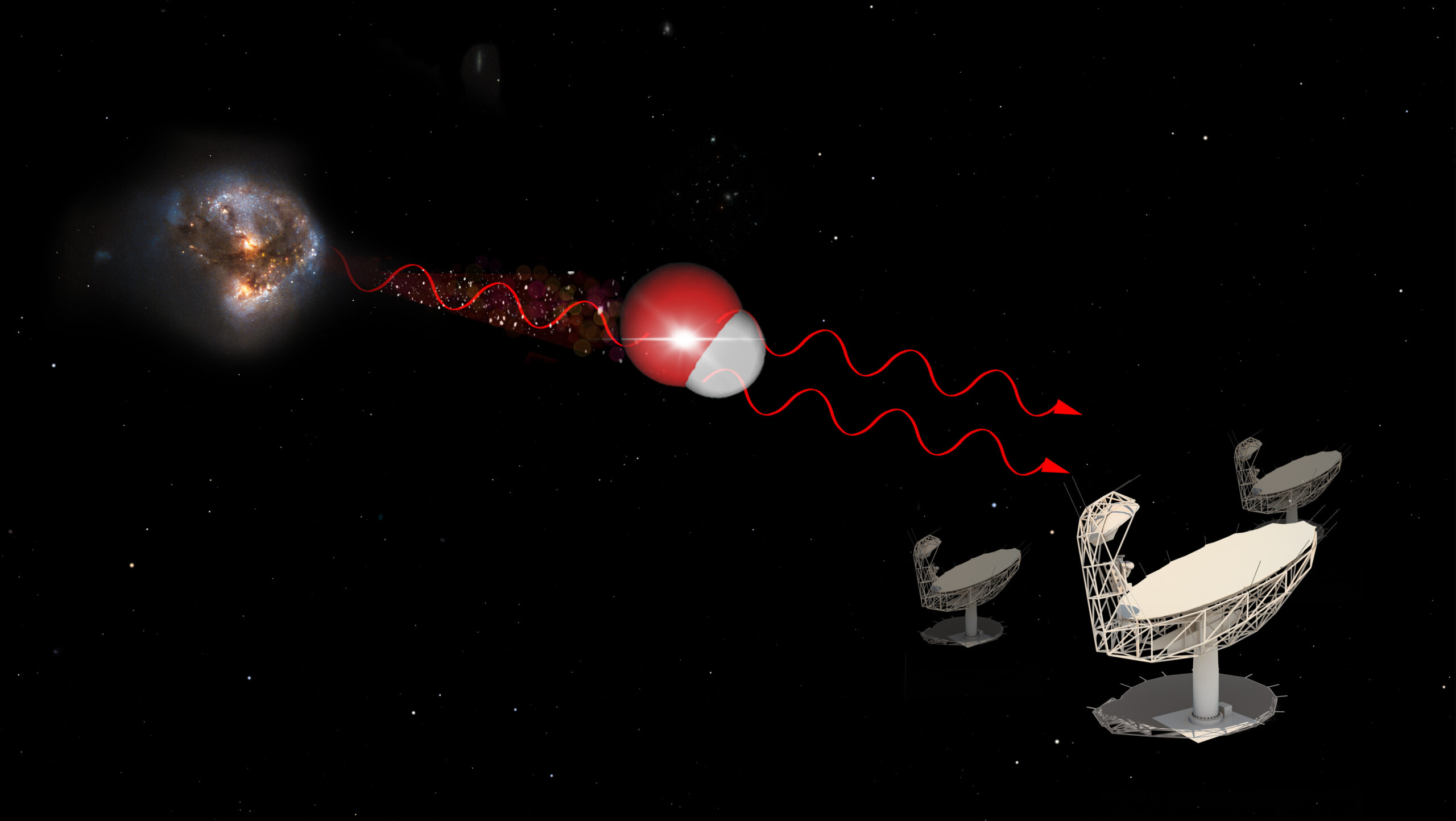 Astrofyzikální megamaser. Kredit: IDIA/LADUMA using data from NASA/StSci/SKAO/MolView.