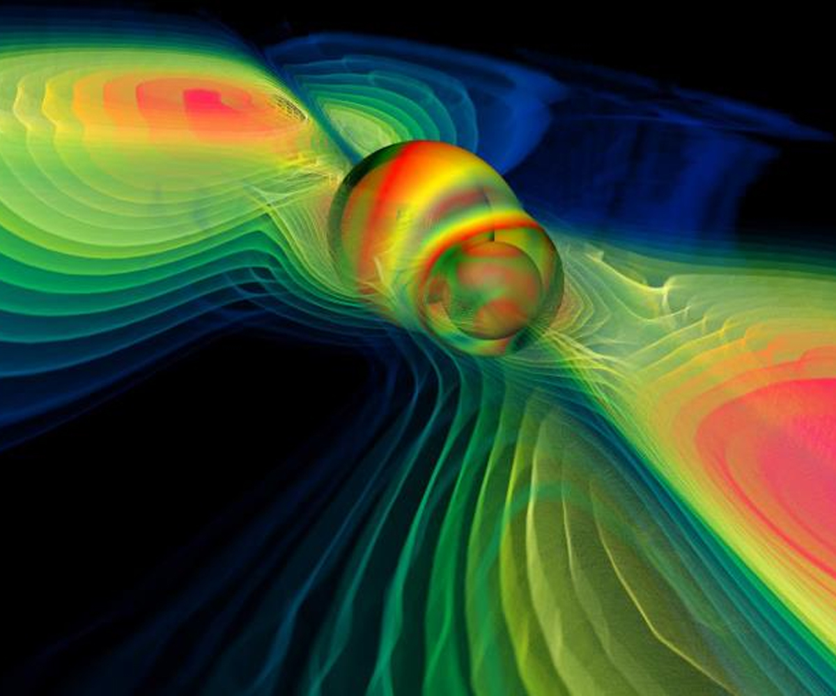 VĂ˝sledky numerickĂ˝ch simulacĂ­ splynutĂ­ ÄŤernĂ˝ch dÄ›r a nĂˇslednĂ©ho generovĂˇnĂ­ gravitaÄŤnĂ­ch vln na zĂˇkladÄ› vĂ˝zkumĹŻ nÄ›meckĂ©ho Institutu Alberta Einsteina. Kredit: NASA Blueshift/Werner Benger/http://www.aei.mpg.de/