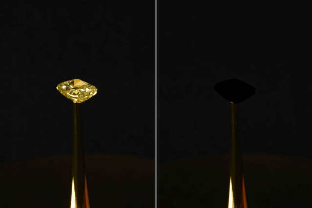Vlevo diamant, vpravo diamantové oko temnoty. Kredit: R. Capanna, A.
Berlato, and A. Pinato / MIT.