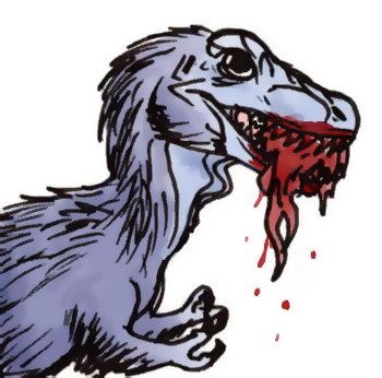 Spíše komické (či komiksové?) ztvárnění mláděte tyranosaura s pokryvem těla v podobě primitivného opeření a s tlamou plnou masa. Zřejmě již v několika měsících věku by byl jedinec druhu T. rex smrtelně nebezpečný i dospělému člověku. Kredit: Wikipedi