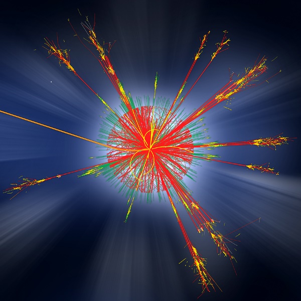 Simulace vzniku ÄŤernĂ© minidĂ­ry na LHC. Kredit: ATLAS experiment / CERN.