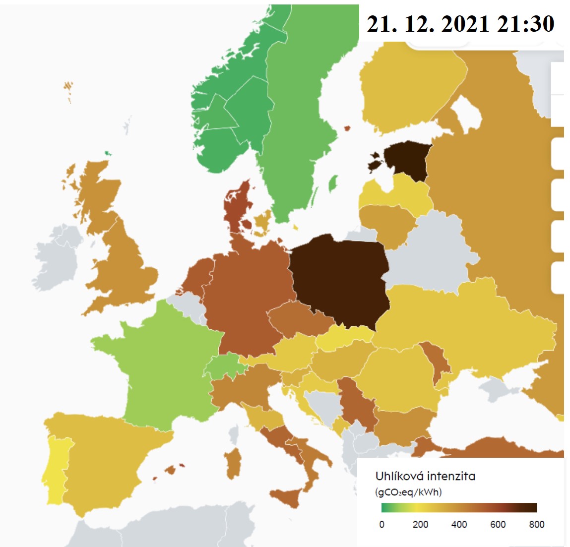 Emisní mapa ze současného bezvětrného zimního období jasně ukazuje, že nízkoemisní jsou státy, které využívají kombinaci jaderných a obnovitelných zdrojů nebo mají extrémně vhodné podmínky pro vodní elektrárny. Německo má i přes masivní investice do 