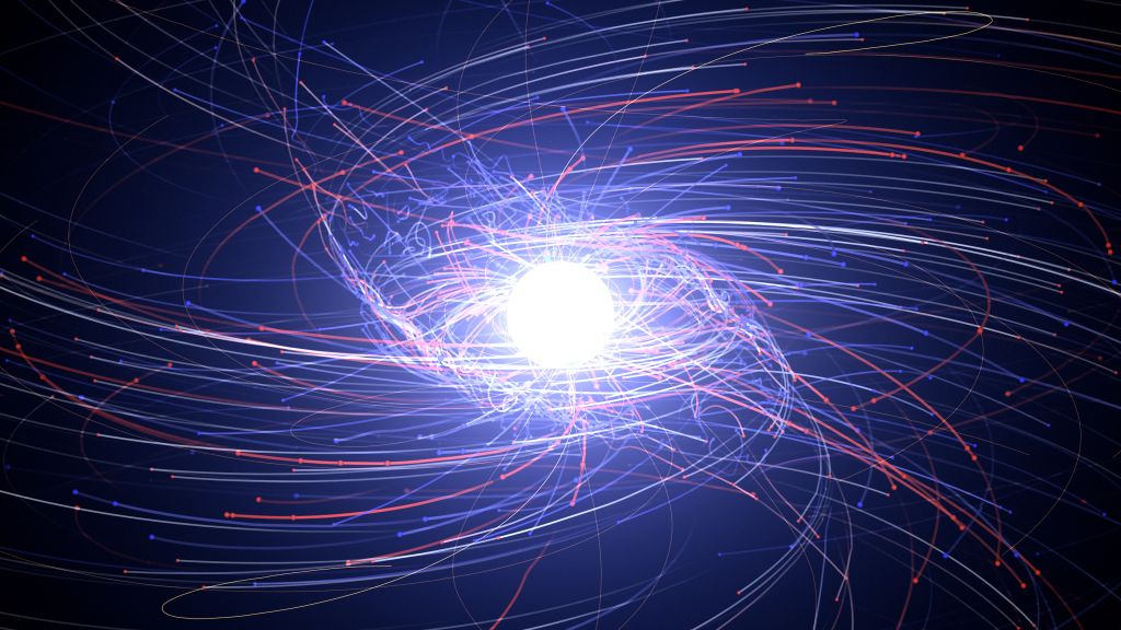 Rej elektronů a pozitronů kolem neutronové hvězdy. Kredit: NASA's Goddard Space Flight Center.