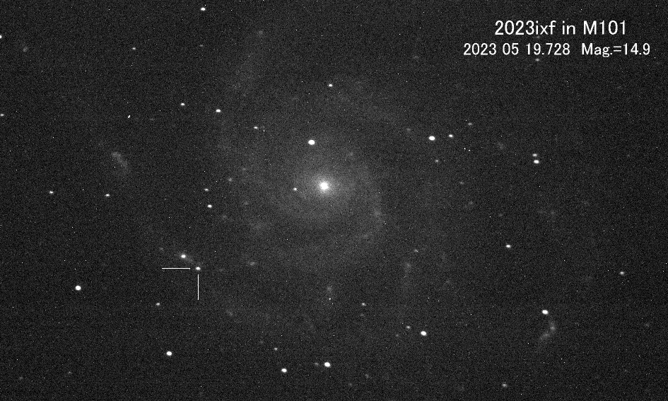 První snímek supernovy SN 2023ixf, který pořídil její objevitel, japonský amatérský astronom Koiči Itagaki Kredit K. Itagaki (http://www.k-itagaki.jp/)