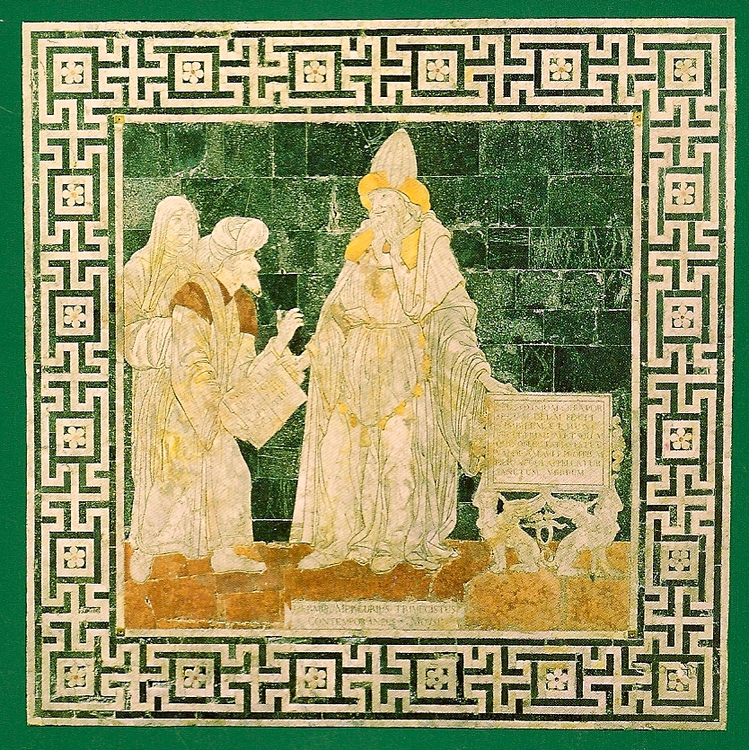 Hermés Trismegistos předává Mojžíšovi Zákon. Giovani di Stefano, 1488, mozaika na podlaze katedrály v Sieně. Kredit: Sdelodder, Wikimedia Commons. Volné dílo.