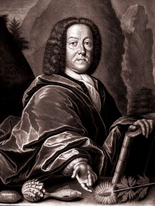 Johann Jakob Scheuchzer (1672 â€“ 1733), ĹˇvĂ˝carskĂ˝ pĹ™Ă­rodovÄ›dec, lĂ©kaĹ™, kartograf a amatĂ©rskĂ˝ paleontolog. PortrĂ©t z dĂ­la Schabblatt aus der Physica Sacra, 1731. PĹ™evzato z Wikipedie.