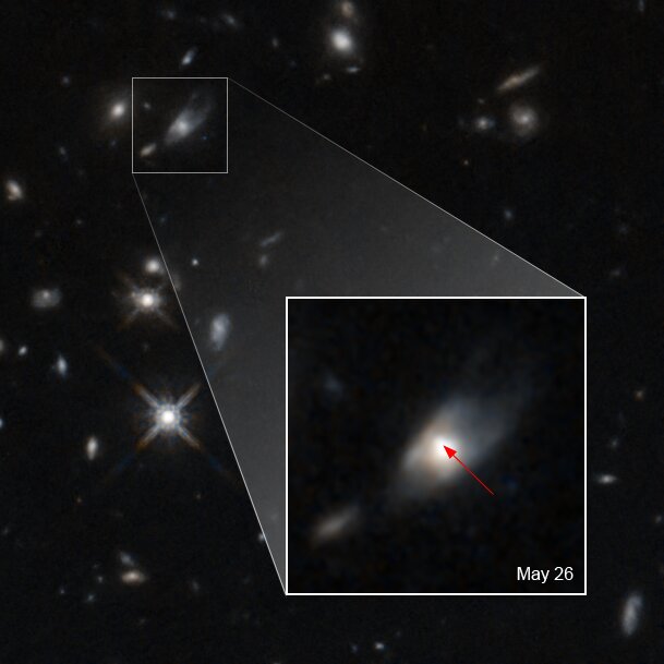 Kilonova ze které vznikl magnetar. Kredit: NASA, ESA, W. Fong (Northwestern University), and T. Laskar (University of Bath, UK).