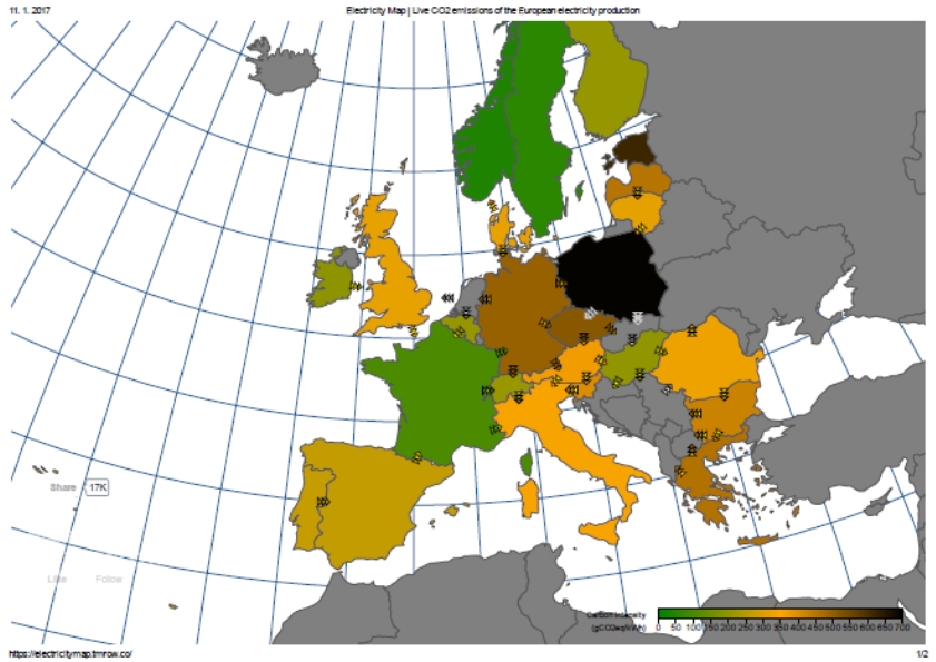 Online zobrazení emisí ukazuje, že státy využívající kombinaci jádra a obnovitelných zdrojů mají nízké emise a jsou zbarveny do zelena (https://www.electricitymap.org/ ).