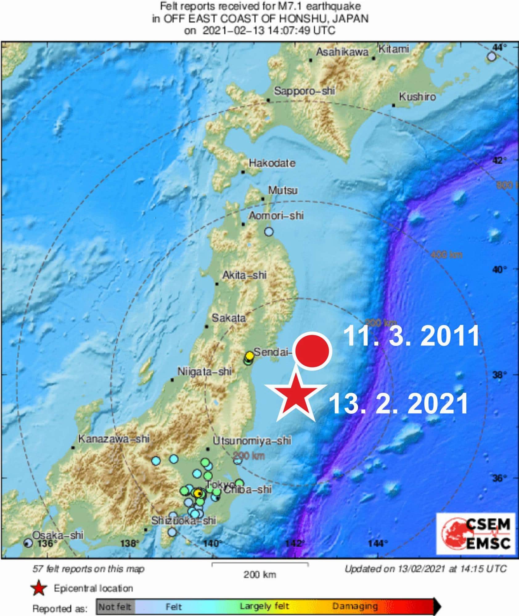 Po deseti letech od velkého zemětřesení v roce 2011 nastalo silné zemětřesení ve stejné oblasti, které může mít s tím původním souvislost. Na mapě je vyznačena přibližná poloha epicenter obou zemětřesení. Kredit: JMA (Japan Meteorological Agency).