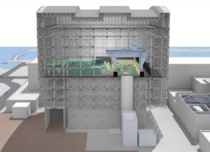 Představa nové horní části budovy prvního bloku a sestavy jeřábů pro manipulaci s palivovými soubory (zdroj TEPCO).