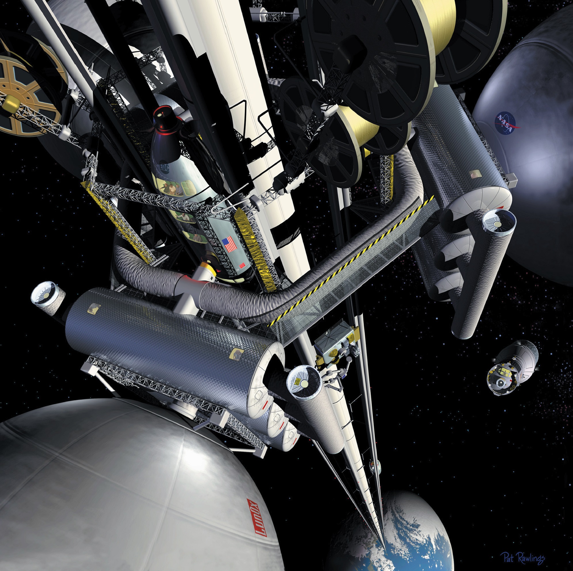 Představa o vzhledu vesmírného výtahu (Zdroj D.V. Smitherman Jr.: Space Elevators, An Advanced Earth-Space Infrastructure for the New Millennium, NASA/CP-2000-210429).