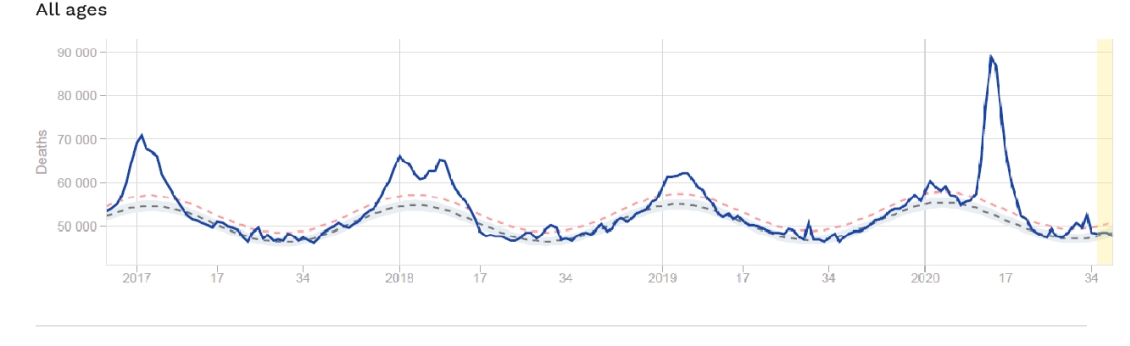 Přehled průběhu denních úmrtí ve všech věkových kategoriích v 24 evropských zemí, které se účastní projektu Euromomo (https://www.euromomo.eu/graphs-and-maps). Je velice dobře vidět pík způsobený první vlnou pandemie COVID-19 i každoroční chřipkové e