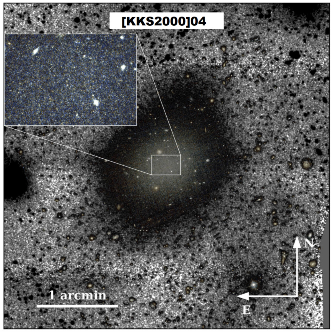 Galaxie NGC1052-DF2 neboli [KKS2000]04. Kredit: Instituto de Astrofísica de Canarias.