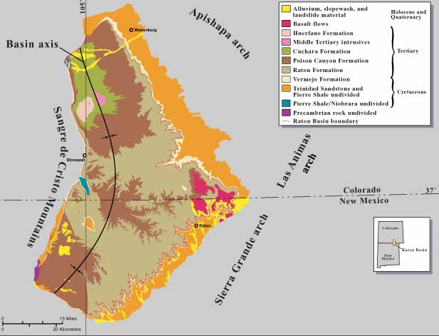 GeologickĂˇ mapa oblasti Raton Basin, v jejĂ­chĹľ svrchnokĹ™Ă­dovĂ˝ch sedimentech leĹľĂ­ doklady o jednÄ›ch z poslednĂ­ch ĹľijĂ­cĂ­ch neptaÄŤĂ­ch dinosaurĹŻ. PochĂˇzĂ­ odtud takĂ© vĂ˝znamnĂ© doklady o samotnĂ©m K-T impaktu. Oblast se rozklĂˇdĂˇ na se