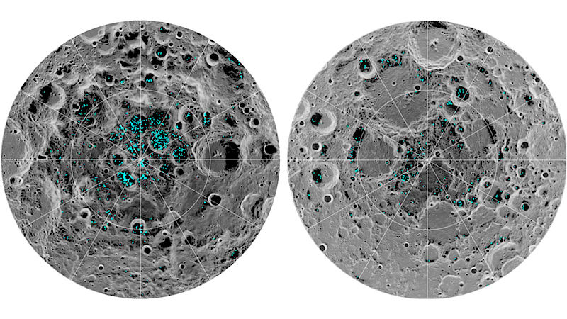 Rozložení výskytu ledu na měsíčních pólech pořízené přístrojem Moon Mineralogy Mapper, který měla NASA na sondě Čandraján 1 (zdroj NASA).