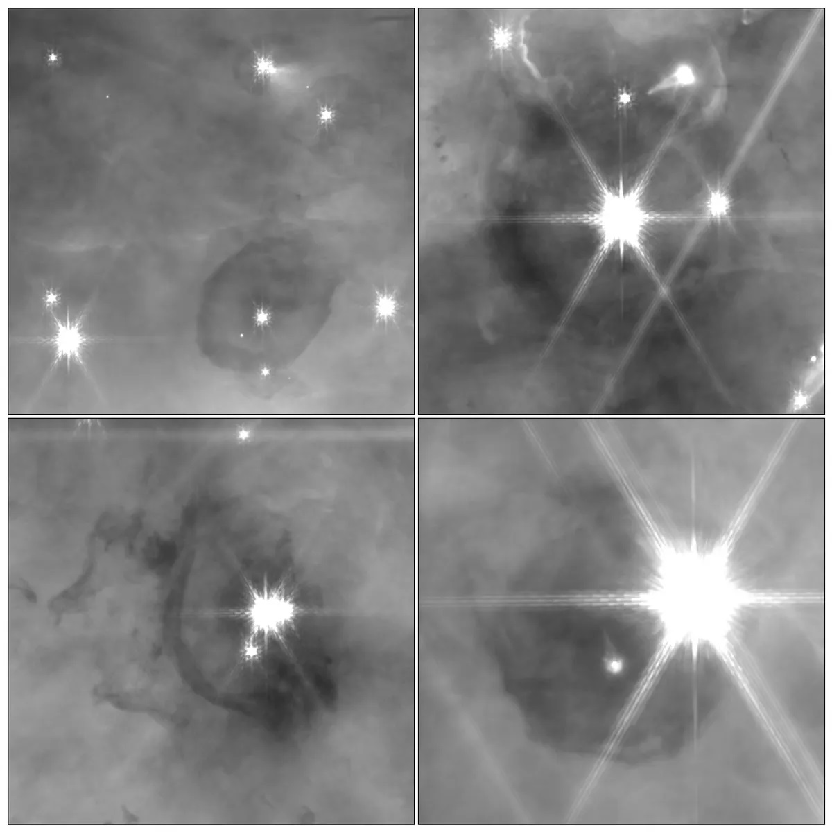 Typické temné stíny. Kredit: NASA, ESA, CSA / Science leads and image processing: M. McCaughrean, S. Pearson.