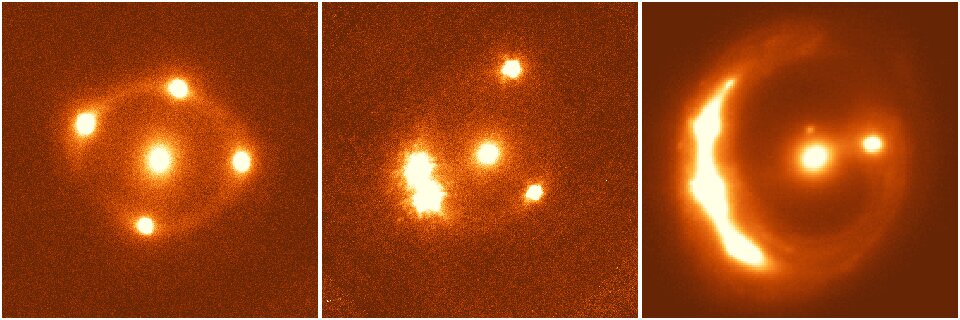 Čočkované kvasary PG1115+ 080, HE0435-1223 a RXJ1131-1231. Kredit: W. M. Keck Observatory.