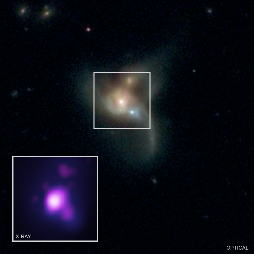 Galaktický systém SDSS J084905.51+111447.2. Kredit: X-ray: NASA/CXC/George Mason Univ./R. Pfeifle et al.; Optical: SDSS & NASA/STScI.