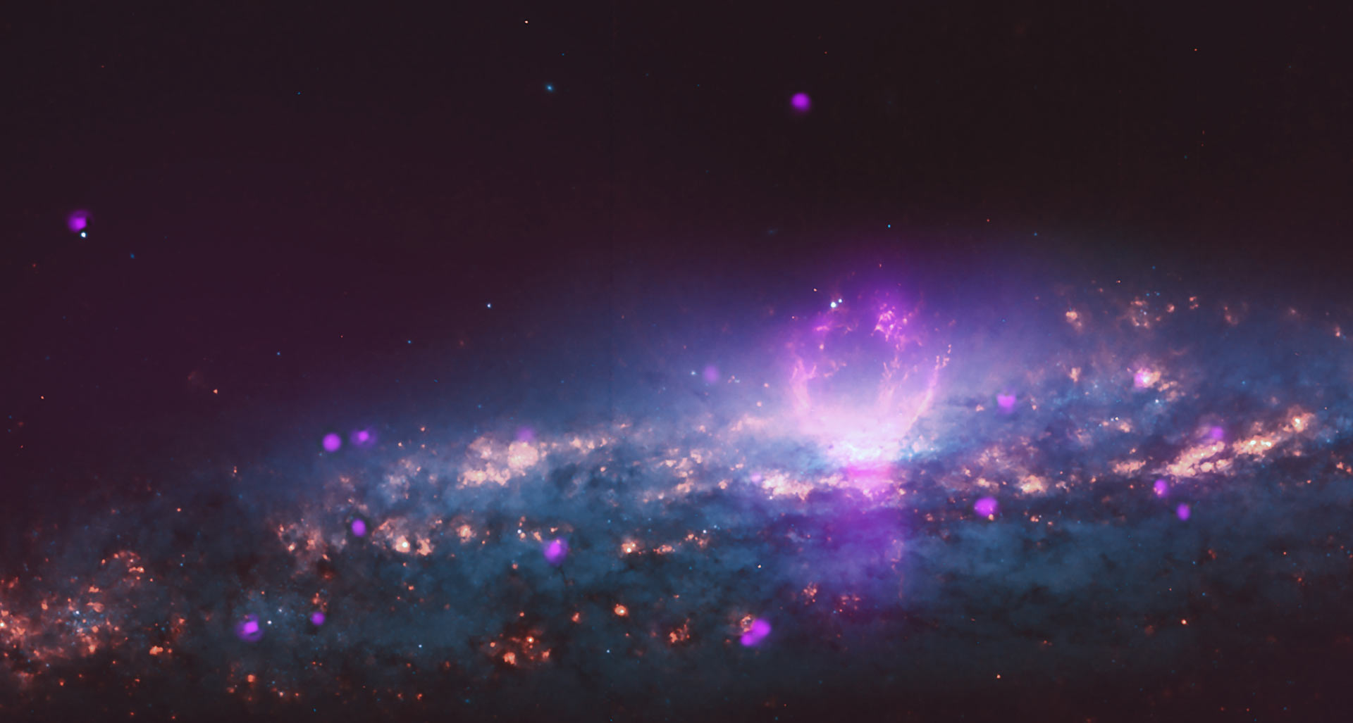 Superbublina v galaxii NGC 3079. Kredit: X-rays – NASA / CXC / University of Michigan / Li et al; optical – NASA / STScI.