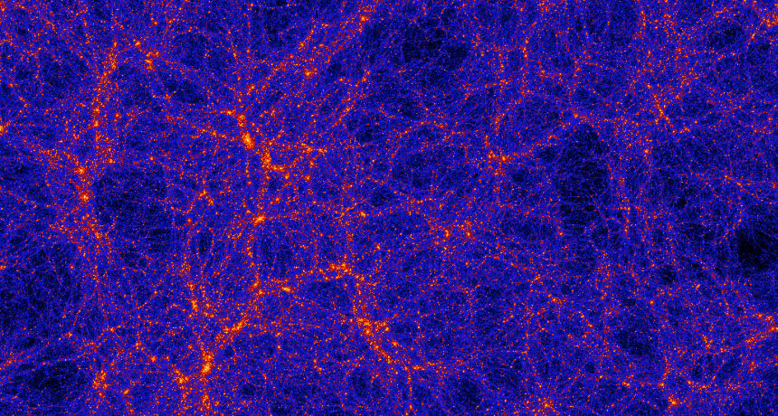 Vlákna temné hmoty s galaxiemi v kosmické pavučině. Kredit: Anatoly Klypin/New Mexico State University, Joel Primack/UC Santa Cruz.