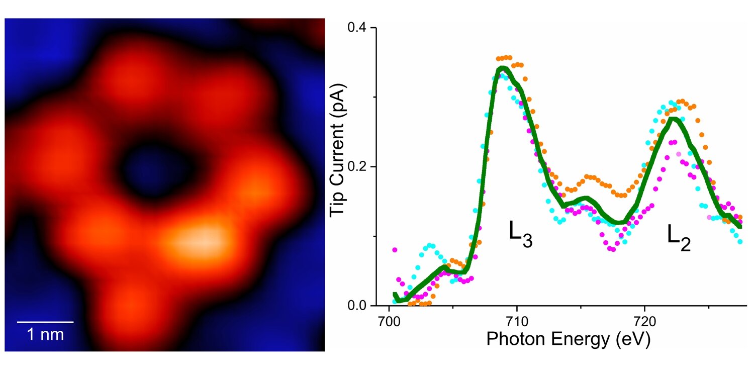 Prstenec vlevo obsahuje jediný atom železa. Vpravo rentgenová signatura jednoho atomu železa. Kredit: Saw-Wai Hla.