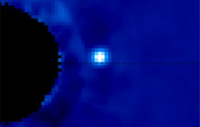 Exoplaneta Beta Pictoris b na snĂ­mku observatoĹ™e Gemini.  Kredit: M. Millar-Blanchaer, University of Toronto; F. Marchis, SETI Institute.