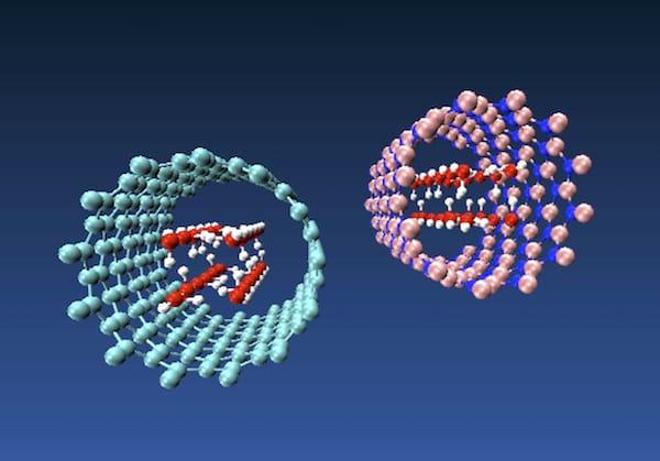 Voda uvnitř nanotrubiček. Vlevo uhlíková, vpravo z nitridu bóru. Kredit: Multiscale Materials Laboratory.