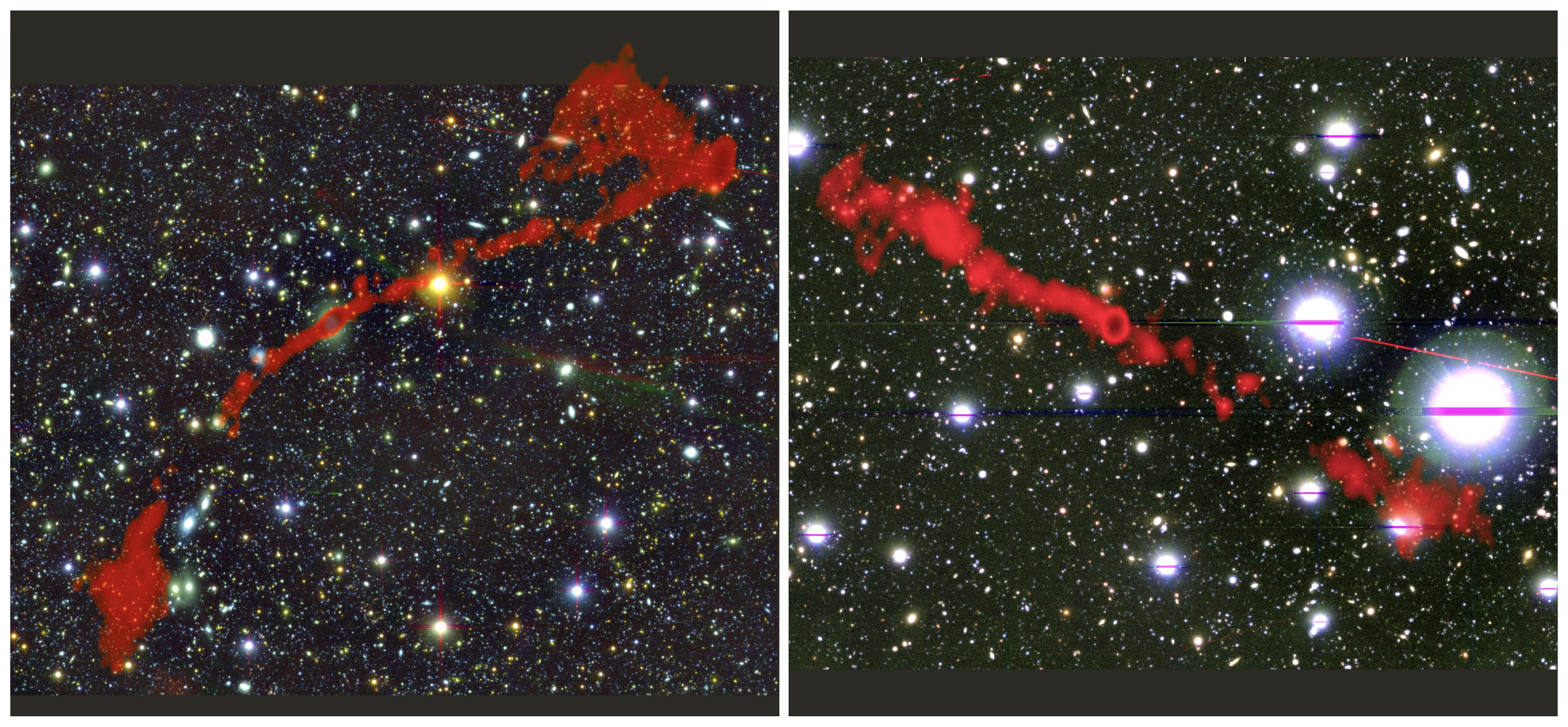 Kompozitní snímky obou nově objevených obřích rádiových galaxií. Kredit: Left: MGTC J095959.63+024608.6. Right: MGTC J100016.84+015133.0.
I. Heywood (Oxford/Rhodes/SARAO).