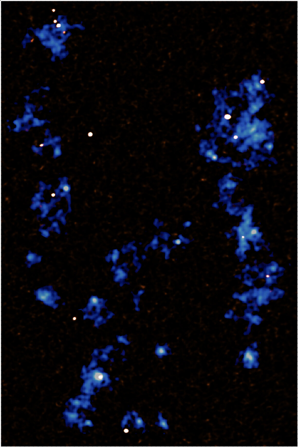 Modře vlákna kosmické pavučiny protokupy SSA22, na snímku zařízení MUSE. Kredit: Hideki Umehata.