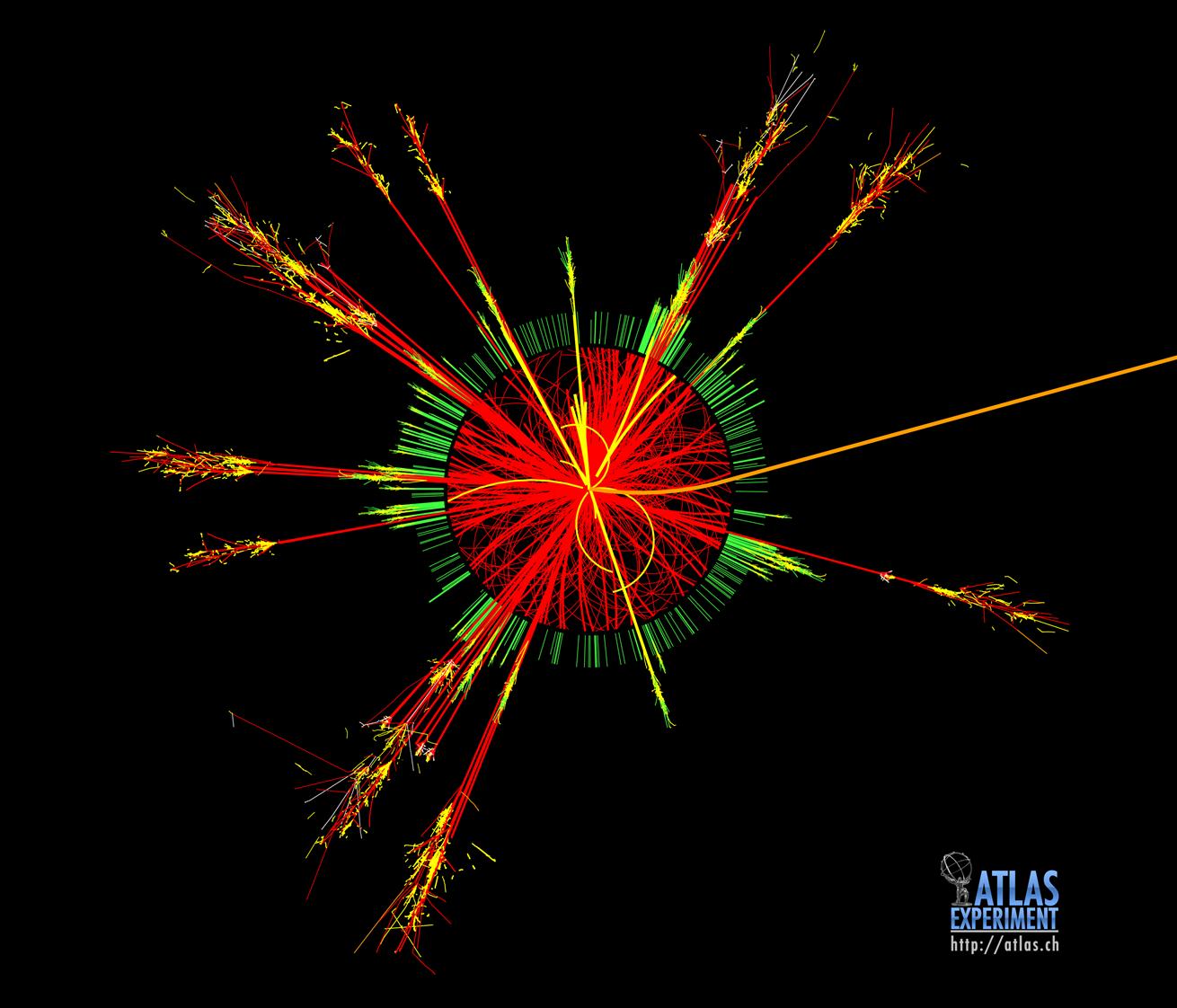 Simulace události s vytvořením kvantové černé díry na LHC. Kredit: CERN.
