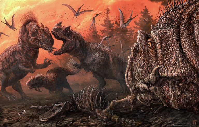 Scéna ze severoamerické pozdní jury (souvrství Morrison, lokalita lomu Mygatt-Moore), kde alosauři spolu s ceratosaurem zápasí v průběhu extrémně suché sezóny o potravu v podobě vysychající zdechliny jiného teropoda. Možná tak nějak vznikala mnohá „d