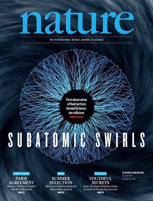 Výsledky studia vířivosti kvark-gluonového plazmatu na titulní stránce časopisu Nature.