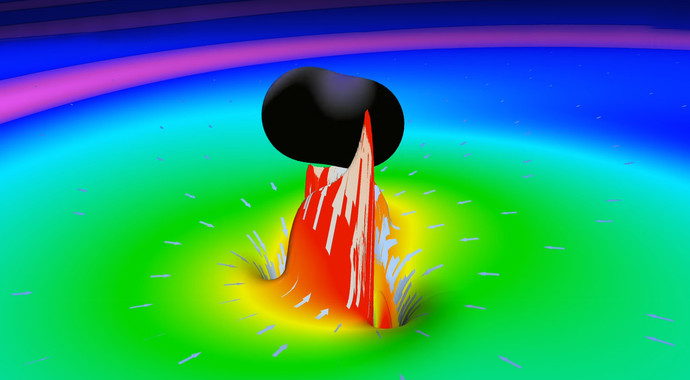 Simulace srážky černých děr. S rotujícími červími děrami by to bylo podobné. Kredit: LIGO LabCaltech (MIT).