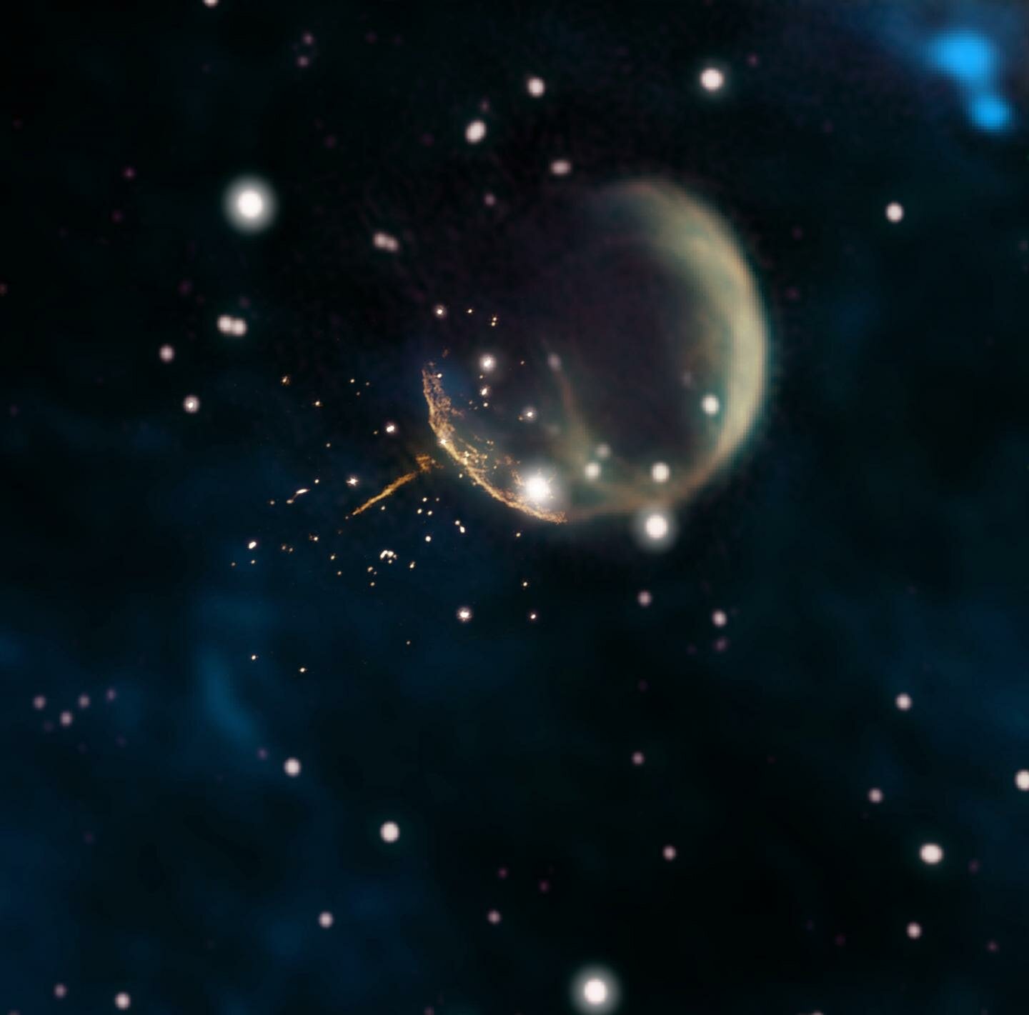 Pulzar J0002 a pozůstatek supernovy CBT 1. Kredit: Composite by Jayanne English, University of Manitoba, using data from NRAO/F. Schinzel et al., DRAO/Canadian Galactic Plane Survey and NASA/IRAS.