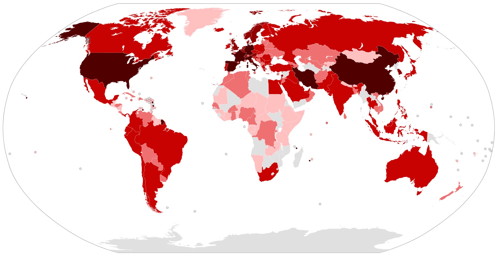 Rozšírenie ochorenia COVID-19 aktualizované.  Map of the COVID-19 outbreak as of 19 March 2020. Authors of File:BlankMap-World.svg .CC BY-SA 4.0