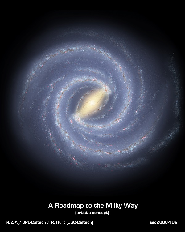 Náš galaktický domov, Mléčná dráha. Zkoumáme ho zevnitř, přesto si jeho strukturu dokážeme, na základě bezpočtu vědeckých studií, představit i z nadhledu. Kredit: NASA. Obrázek v plném rozlišení zde: https://solarsystem.nasa.gov/system/downloadable_i