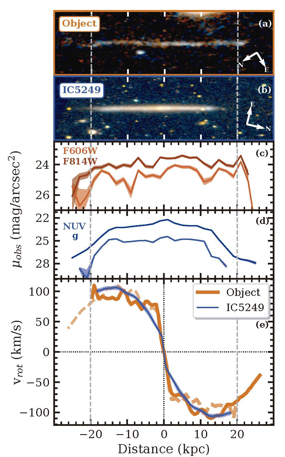 Srovnání vzdáleného hvězdného pásu (object) s místní plochou galaxií IC5249 pozorovanou zboku: obrázky (a, b); profil absolutní jasnosti (c, d je v UV spektru); rotační křivky (e). Nový objekt a galaxie IC5249 jsou si ve fyzikálních parametrech velmi