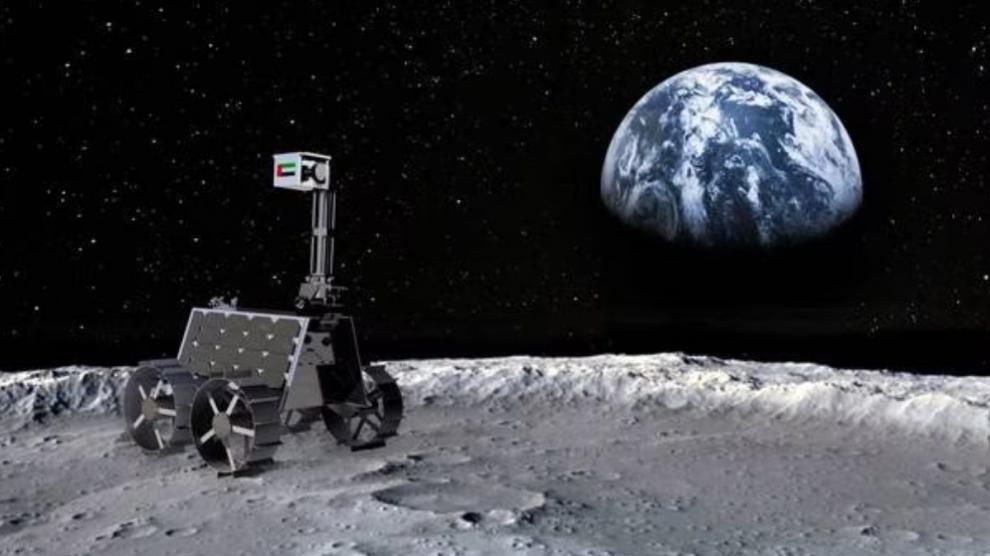 Vyobrazení lunárního vozítka Rashid na Měsíci: výška:70 cm, šířka: 53,85 cm délka: 53,5 cm, váha: 10 kg Kredit: Mohammed bin Rashid Space Centre