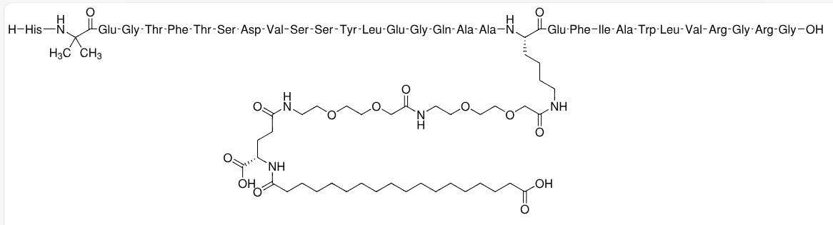 Strukturní vzorec semaglutidu, jednoho z agonistů receptoru GLP-1, což značí, že se váže na stejné receptory jako tělem produkovaný hormon GLP-1 a vyvolává stejnou odezvu.  Třípísmenkové zkratky ve vzorci jsou kódy označující příslušné aminokyseliny 