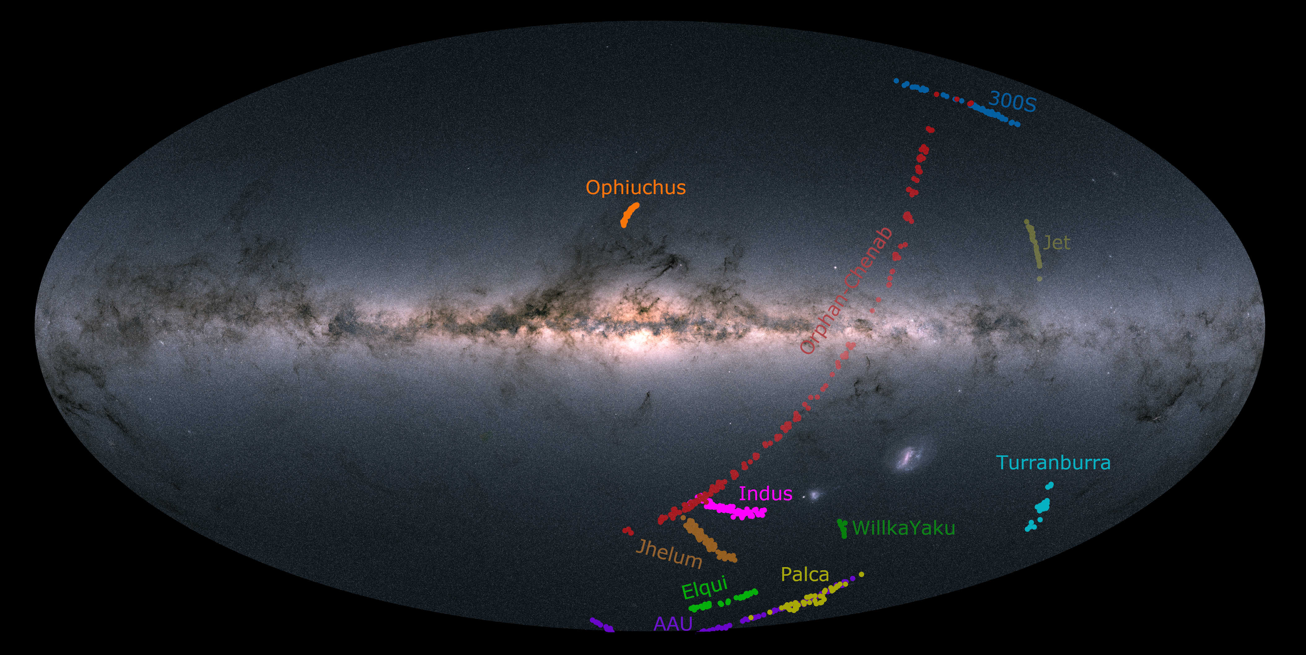Virtuální pohled na stelární proudy obíhající Mléčnou dráhu, rekonstrukce které vznikla na základě mapování oblohy evropskou sondou Gaia. Protože AAT je australský dalekohled, projekt S? mapuje pouze proudy na jižní obloze. Kredit: Ting Li, S? Collab