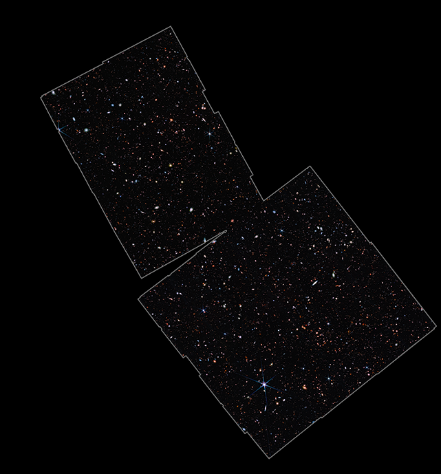 Velmi vzdálené galaxie byly objeveny v rámci programu prvních pozorování Webbova teleskopu oblasti pole JADES zahrnující oblast u pólu Galaxie v souhvězdí Pece pozorovanou při studiu velmi vzdálených galaxií už Hubblovým teleskopem (zdroj NASA).