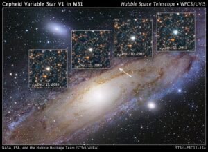 Jedna z proměnných hvězd cefeid vyfotografovaná Hubbleovým dalekohledem ve velké spirální galaxii M31 v souhvězdí Andromedy. Díky tomuto typu hvězd se astronomům podařilo určit vzdálenosti k blízkým objektům ve vesmíru a zjistit, že se vesmír jako ce