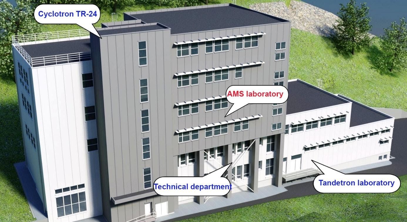 Vizualizace rekonstruované budovy, kde je nyní náš novy cyklotron, tandetron i spektrometr AMS (zdroj ÚJF AV ČR).