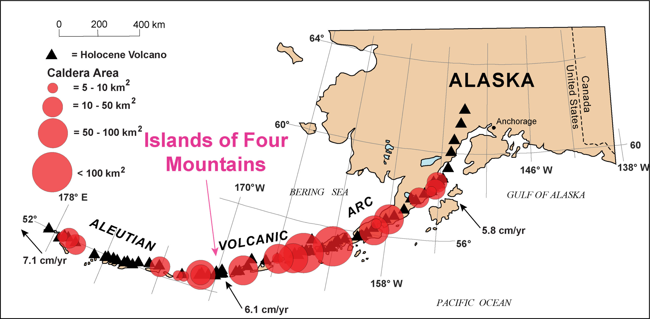 Sopky a kaldery v Aleutách. Kredit: John Power/USGS.